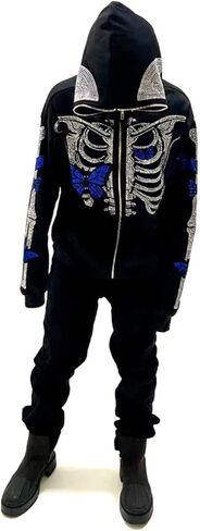 سترة بغطاء للرأس بهيكل عظمي للرجال والنساء من Kaipiclos بغطاء للرأس بسحاب كامل على الوجه، سترة كبيرة الحجم برسومات جمجمة وحجر الراين in Kuwait