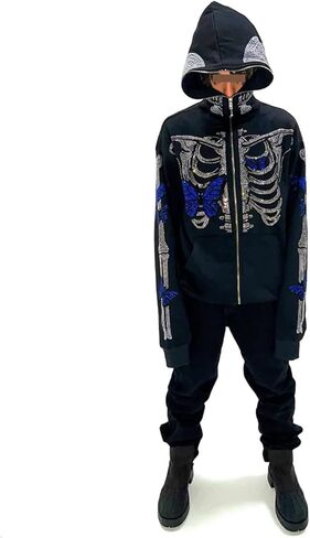 سترة بغطاء للرأس بهيكل عظمي للرجال والنساء من Kaipiclos بغطاء للرأس بسحاب كامل على الوجه، سترة كبيرة الحجم برسومات جمجمة وحجر الراين in Kuwait