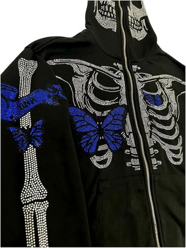 سترة بغطاء للرأس بهيكل عظمي للرجال والنساء من Kaipiclos بغطاء للرأس بسحاب كامل على الوجه، سترة كبيرة الحجم برسومات جمجمة وحجر الراين in Kuwait