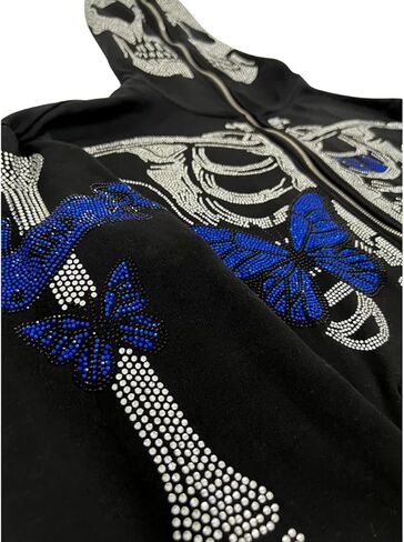 سترة بغطاء للرأس بهيكل عظمي للرجال والنساء من Kaipiclos بغطاء للرأس بسحاب كامل على الوجه، سترة كبيرة الحجم برسومات جمجمة وحجر الراين in Kuwait