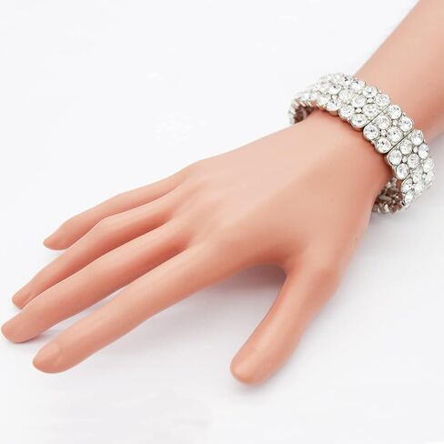 Lavencious Round Shape Rhinestone 3 Lines Stretch Bracelet Evening Party Jewelry 7" in Kuwait