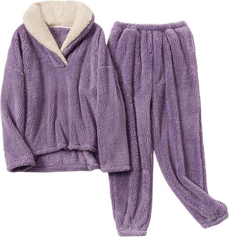 Yeokou Women's Fleece Pajamas Sets Fluffy Sleepwear Warm Sherpa Pullover Pants with Pockets in Kuwait