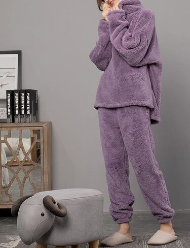 Yeokou Women's Fleece Pajamas Sets Fluffy Sleepwear Warm Sherpa Pullover Pants with Pockets in Kuwait