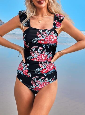 Hilinker Women's Ruffle Shoulder One Piece Bathing Suit Belted Leopard Color Block Swimsuit in Saudi Arabia