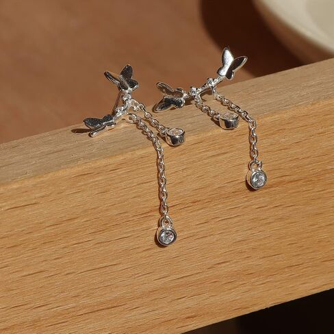 Sonateomber Tiny Butterfly Curved Ear Crawler Stud First Earrings for Women - Dainty Sparkly Sterling Silver Hypoallergenic Small Rhinestone Drop Dangle Fashion Jewelry Gift in Saudi Arabia