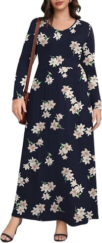 Askyes Womens Plus Size Maxi Dresses Long Sleeve Casual V Neck 2023 Fall Winter Soft Loose Fit T-Shirt Dress with Pockets in Kuwait