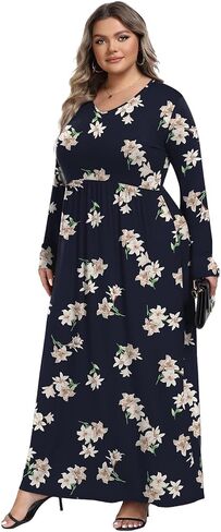 Askyes Womens Plus Size Maxi Dresses Long Sleeve Casual V Neck 2023 Fall Winter Soft Loose Fit T-Shirt Dress with Pockets in Kuwait