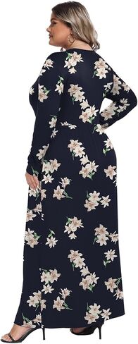 Askyes Womens Plus Size Maxi Dresses Long Sleeve Casual V Neck 2023 Fall Winter Soft Loose Fit T-Shirt Dress with Pockets in Kuwait