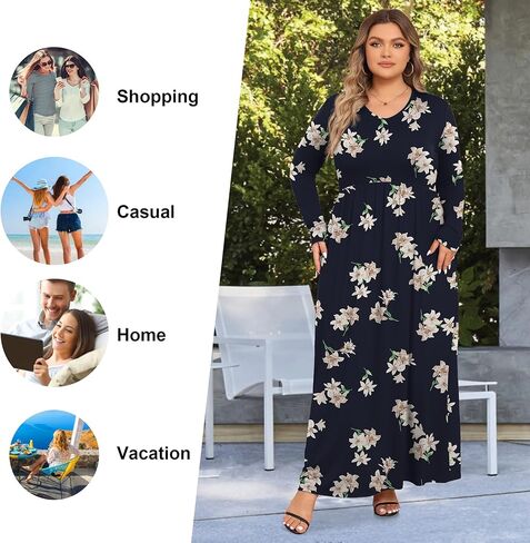 Askyes Womens Plus Size Maxi Dresses Long Sleeve Casual V Neck 2023 Fall Winter Soft Loose Fit T-Shirt Dress with Pockets in Kuwait