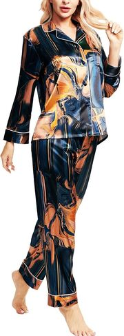 SIHA Satin Silk Pajamas for Women Pajama Set With Long Sleeve Button-Down Satin Pajamas Sleepwear XS-3XL in Kuwait
