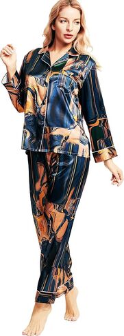 SIHA Satin Silk Pajamas for Women Pajama Set With Long Sleeve Button-Down Satin Pajamas Sleepwear XS-3XL in Kuwait