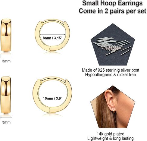 3 Pairs Small Hoop Earrings for Women Men, Sterling Silver Post Sleeper Cartilage Huggie Earring Set, 3mm in Width, Diameter in 8mm 10mm 12mm in Kuwait