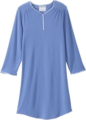 Women’s Open Back Adaptive Henley Nightgown - Long Sleeve Hospital Gown for Seniors with Satin Trim in Saudi Arabia