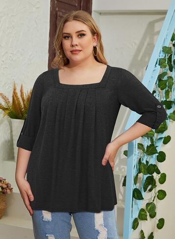 Siddhe Women Short Sleeve Plus Size Tunics, Square Neck Tops Casual Loose Fit T Shirt Blouse Summer 2024 in Kuwait