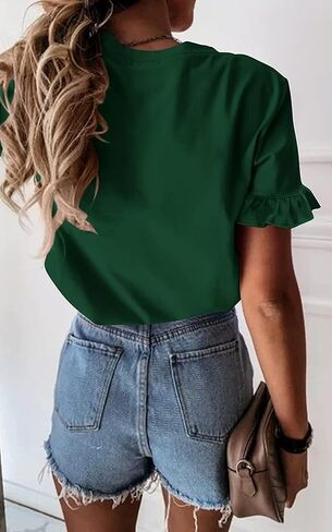 Vircreate Womens Summer Ruffle Plain V Neck T Shirts Short Sleeve Loose Fit Tee Casual Blouse Tunic Tops in Kuwait