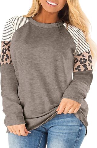 LANREMON بلوزات حجم كبير النساء ليوبارد ملابس منقوشة بكم طويل بلوزات Crewneck اللون كتلة تونك تي شيرت بلوزة in Saudi Arabia