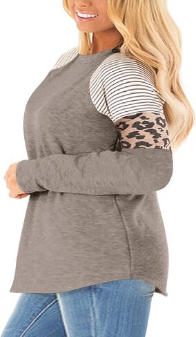 LANREMON بلوزات حجم كبير النساء ليوبارد ملابس منقوشة بكم طويل بلوزات Crewneck اللون كتلة تونك تي شيرت بلوزة in Saudi Arabia
