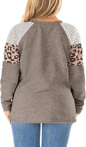 LANREMON بلوزات حجم كبير النساء ليوبارد ملابس منقوشة بكم طويل بلوزات Crewneck اللون كتلة تونك تي شيرت بلوزة in Saudi Arabia