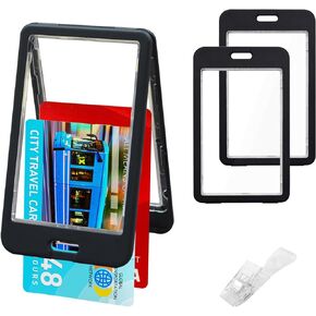 4pack Horizontal ID Badge Holder Double-Sided Transparent Name Tag Holder Waterproof Heavy Duty Id Card Holder for Office School ID Credit Cards Exhibition Cards (Black)