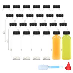 12 Pack 8 oz (250 ml) Clear PET Plastic Juice Bottles with Black Lids, 1 Brush - Empty Juicing Bottles Plastic Smoothie Bottles Ideal for Juice, Milk, Other Beverages