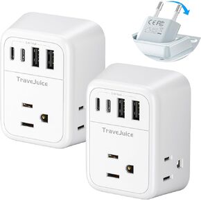 [2-Pack] Type C Plug Adapter, TraveJuice Foldable European Travel Plug Adapter with 4 Outlets 4 USB Ports (2 USB-C), US to EU Power Adapter, Travel Essentials to Most of Europe