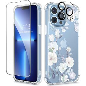 GVIEWIN for iPhone 13 Pro Case with Screen Protector & Camera Lens Protector, [10FT Military Grade Drop Protection] Clear Shockproof Slim Fit Floral Phone Case for Women Girls 6.1" (A-Hibiscus)