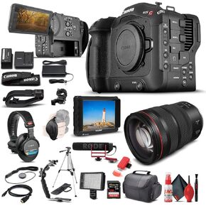 كاميرا سينما Canon EOS C70 (حامل عدسة RF) (4507C002)، عدسة Canon RF 24-70 مم، شاشة عالية الدقة، ميكروفون VideoMic GO، سماعات رأس Pro، بطاقة SD Extreme Pro سعة 128 جيجابايت، حامل ثلاثي القوائم، كابل HDMI، حافظة + المزيد (متجدد) in Saudi Arabia