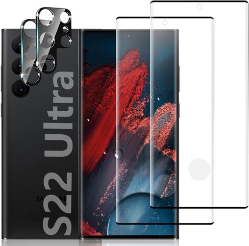 [عبوتان + 2] واقي شاشة Galaxy S22 Ultra مع واقي عدسة الكاميرا، [دعم فتح بصمة الإصبع] [صلابة 9H] [غطاء منحني ثلاثي الأبعاد] واقي شاشة لهاتف Samsung Galaxy S22 Ultra (6.8 بوصة) in Kuwait