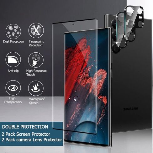 [عبوتان + 2] واقي شاشة Galaxy S22 Ultra مع واقي عدسة الكاميرا، [دعم فتح بصمة الإصبع] [صلابة 9H] [غطاء منحني ثلاثي الأبعاد] واقي شاشة لهاتف Samsung Galaxy S22 Ultra (6.8 بوصة) in Kuwait