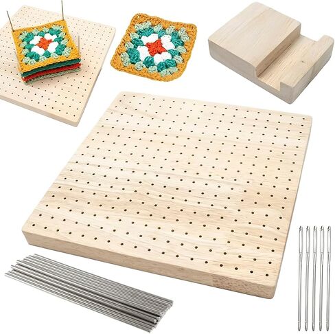 لوح لحجب الكروشيه مقاس 9.3 انش، حصائر ودبابيس خشبية لحجب الحياكة ومشاريع الكروشيه، مربعات الجدة، مجموعة كاملة مع 20 دبوس من الستانلس ستيل، 5 ابر عين كبيرة، حامل in Kuwait