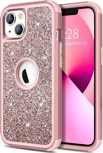 Hython Case for iPhone 13 Case Glitter, Cute Sparkly Shiny Bling Sparkle Cover, Heavy Duty 3 in 1 Hybrid Hard PC Soft TPU Bumper Full Body Shockproof Protective Phone Cases for Women Girls, Rose Gold in Saudi Arabia