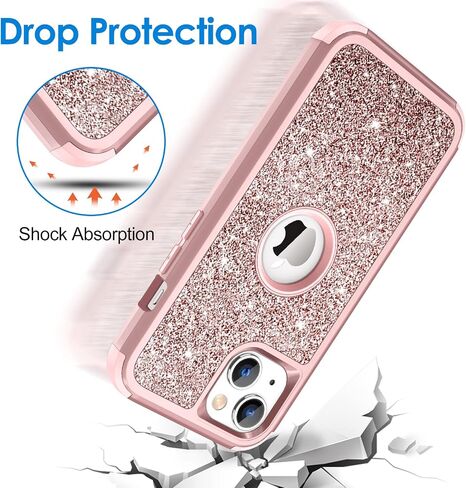 Hython Case for iPhone 13 Case Glitter, Cute Sparkly Shiny Bling Sparkle Cover, Heavy Duty 3 in 1 Hybrid Hard PC Soft TPU Bumper Full Body Shockproof Protective Phone Cases for Women Girls, Rose Gold in Saudi Arabia