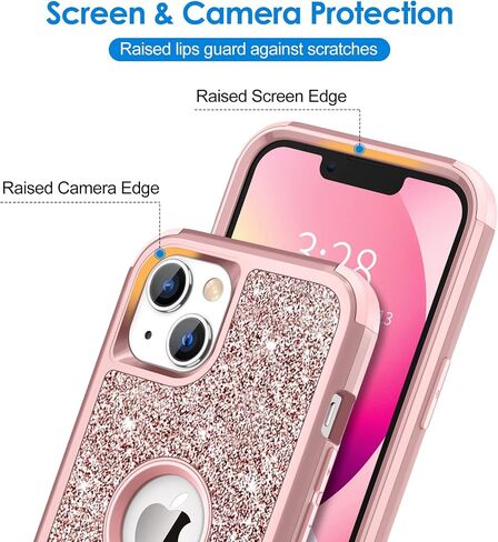 Hython Case for iPhone 13 Case Glitter, Cute Sparkly Shiny Bling Sparkle Cover, Heavy Duty 3 in 1 Hybrid Hard PC Soft TPU Bumper Full Body Shockproof Protective Phone Cases for Women Girls, Rose Gold in Saudi Arabia