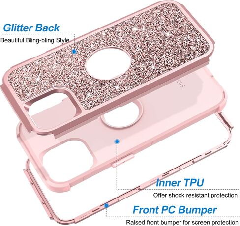 Hython Case for iPhone 13 Case Glitter, Cute Sparkly Shiny Bling Sparkle Cover, Heavy Duty 3 in 1 Hybrid Hard PC Soft TPU Bumper Full Body Shockproof Protective Phone Cases for Women Girls, Rose Gold in Saudi Arabia