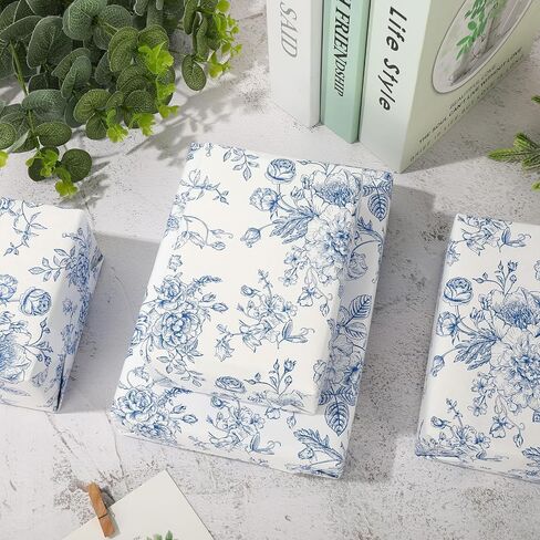 AnyDesign Floral Wrapping Paper Roll Blue White Flowers Gift Wrap Paper Chinoiserie DIY Craft Art Paper for Birthday Wedding Baby Shower Holiday Party Wrapping Supplies, 32.8 Ft in Saudi Arabia