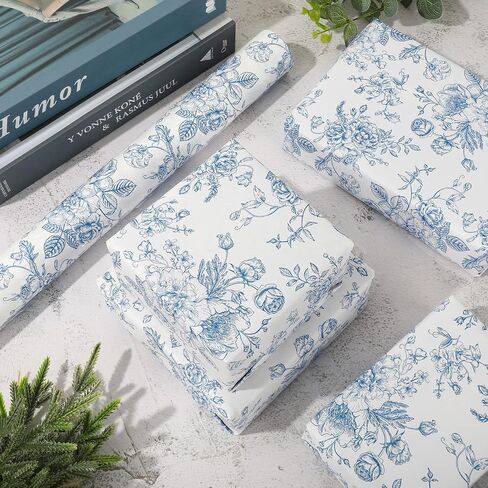 AnyDesign Floral Wrapping Paper Roll Blue White Flowers Gift Wrap Paper Chinoiserie DIY Craft Art Paper for Birthday Wedding Baby Shower Holiday Party Wrapping Supplies, 32.8 Ft in Saudi Arabia