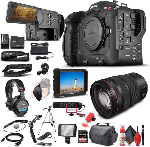 Canon EOS C70 Cinema Camera (RF Lens Mount) (4507C002), Canon RF 24-70mm Lens, HD Monitor, VideoMic GO Mic, Pro Headphones, 128GB Extreme Pro SD Card, Tripod, HDMI Cable, Case + More (Renewed) in Saudi Arabia