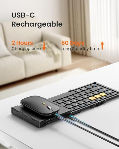 لوحة مفاتيح وماوس بلوتوث قابلة للطي من Artciety، مجموعة ماوس لوحة مفاتيح محمولة قابلة للطي مع لوحة مفاتيح رقمية، لوحة مفاتيح جيب للسفر للكمبيوتر المحمول والهواتف اللوحية (2.4 جيجا+BT مزدوج) in Kuwait