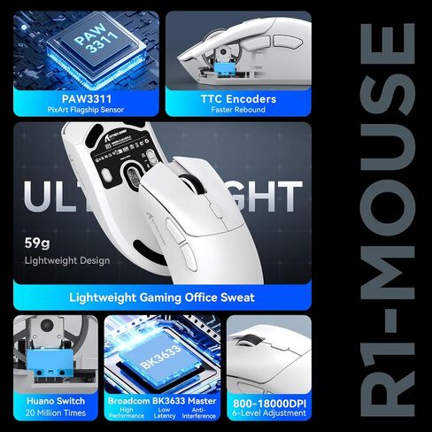 ATTACK SHARK R1 Wireless Gaming Mouse,59g Lightweight Tri-mode BT5.2/2.4GHz/Wired Computer Mouse, PixArt PAW3311 18K DPI Optical Sensor,Programmable Buttons,Long Battery Life Mice for PC/Mac(Black) in Kuwait