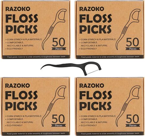 Natural Dental Floss Picks High Toughness Charcoal Toothpicks Sticks-Vegan,Eco-Friendly Sustainable Flossers for Teeth Cleaning (200 Count) in Kuwait