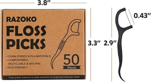 Natural Dental Floss Picks High Toughness Charcoal Toothpicks Sticks-Vegan,Eco-Friendly Sustainable Flossers for Teeth Cleaning (200 Count) in Kuwait