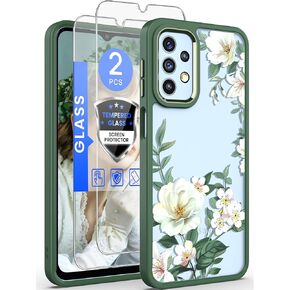 Dretal for Samsung A23 4G/ 5G Case, Galaxy A23 Case Tempered Glass Screen Protector,Military Grade Drop Tested Hard Back & Soft Edge Slim Flower Women Girls Phone Protective Cover(Deep purple)