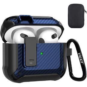 حافظة Valkit المتوافقة مع Airpods الجيل الثالث مع مشبك قفل، غطاء صلب من ألياف الكربون AirPods 3 مع سلسلة مفاتيح للرجال والنساء، حافظة واقية رائعة مضادة للصدمات لسماعات Air Pods الجيل الثالث، أسود