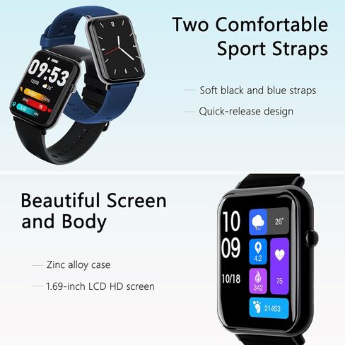 ساعة ذكية TIFOZEN للرجال والنساء، شاشة ملونة كاملة 1.69 بوصة لتتبع اللياقة البدنية مع تذكير بالرسائل، أكسجين الدم، معدل ضربات القلب، مراقب النوم، 25 وضعًا رياضيًا، شريطين رياضيين لهواتف iOS وAndroid in Kuwait