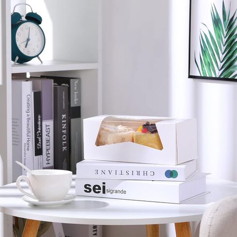Aoriher 50 قطعة من علب الكعك الملفوفة مقاس 9 × 4 × 3.5 بوصة، صناديق مخبز بيضاء مع نافذة، صناديق بسكويت منبثقة تلقائيًا، صناديق معجنات للاستعمال مرة واحدة، صندوق لفائف اليقطين لعيد الشكر للكعك، رغيف الخبز، المعجنات in Kuwait