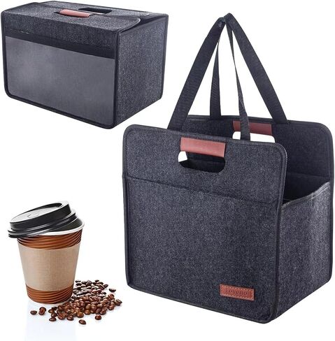 حامل اكواب محمول مع 2 حامل اكواب من فويجو، حامل مشروبات معزول قابل لاعادة الاستخدام مع مقابض، حامل اكواب قهوة قابل للطي للمشروبات الساخنة والباردة (زجاجتين، رمادي داكن) in Kuwait