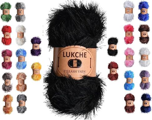 خيوط Lukche Eyelash Fun Fur Yarn Premium 100% بوليستر 164 ياردة (150 طنًا)، 3.53 أونصة (100 جرام) خيوط كروشيه ملونة حياكة يدوية. (أسود، 1 خصلة شعر) in Saudi Arabia