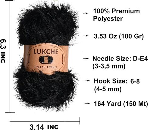 خيوط Lukche Eyelash Fun Fur Yarn Premium 100% بوليستر 164 ياردة (150 طنًا)، 3.53 أونصة (100 جرام) خيوط كروشيه ملونة حياكة يدوية. (أسود، 1 خصلة شعر) in Saudi Arabia