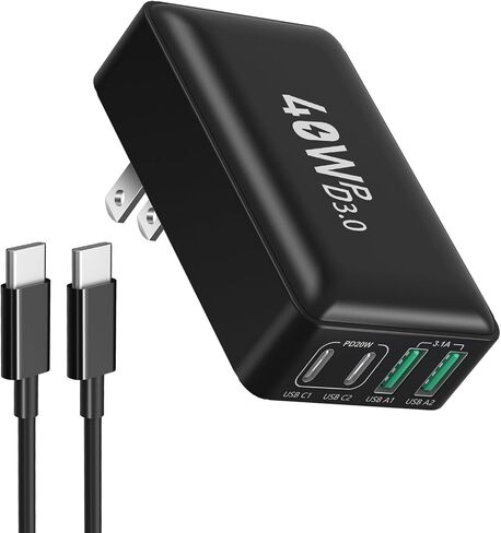 شاحن حائط USB-C مسطح من OKRAY مع كابل USB C إلى C، نحيف 40 وات 4 منافذ شحن سريع قابل للطي، محول طاقة محمول متعدد المنافذ من النوع C متوافق مع iPhone 15 Pro Max Plus، GalaxyS23 (أسود) in Saudi Arabia