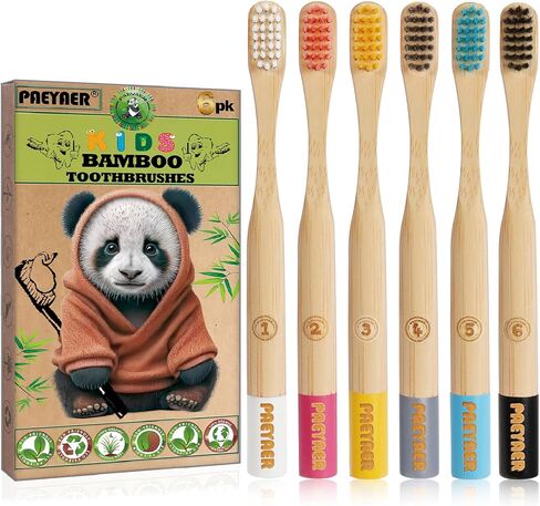 فرش أسنان من الخيزران للأطفال من باياير - 6 عبوات، فرشاة أسنان عضوية ناعمة للأطفال، فرش أسنان للأطفال قابلة للتحلل الحيوي 𝐏𝐀-𝐅𝐫𝐞𝐞) in Kuwait